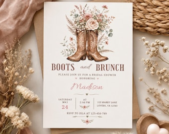 May include: A rectangular bridal shower invitation card featuring a watercolour illustration of two brown cowboy boots filled with a bouquet of pink and white flowers. The text reads BOOTS and BRUNCH, honouring Madison, Saturday May 24, at 2:00 PM.