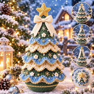 May include: A crocheted Christmas tree decoration featuring layered green, blue, and cream scalloped tiers. The tree is topped with a yellow star and a cream bow, accented with small white flowers, gold beads, and snowflake-shaped embellishments.