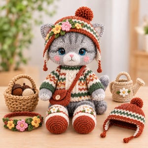 May include: A grey crocheted cat doll wearing a patterned jumper, a matching hat with a pom-pom and floral accents, and a small crossbody bag. Accessories include a woven basket with acorns, a crocheted watering can, and a floral headband.
