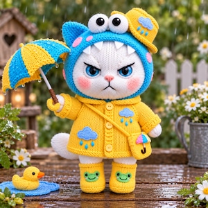 May include: A white crocheted cat doll wearing a blue monster hood, a yellow raincoat with blue cloud appliques, and yellow frog boots. The cat holds a blue and yellow striped umbrella and carries a yellow bag with an umbrella icon.