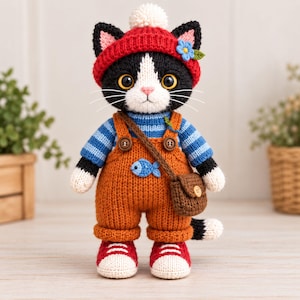 Tuxedo Cat Knitting Pattern, Autumn Fisherman Doll PDF, Knitted Cat Toy, Cat Doll Pattern, Overalls & Accessories
