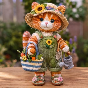Puede incluir: Una muñeca de gato atigrado naranja tejida a ganchillo con un sombrero de paja con un girasol, un peto verde con un parche de girasol y sandalias florales. El gato sostiene una cesta de rayas azules y blancas con zanahorias y una regadera gris.