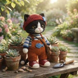 Puede incluir: Una muñeca de gato tejida a ganchillo en blanco y negro que lleva un gorro rojo con una flor azul, una camiseta de rayas azules y blancas de manga larga y un peto naranja con un parche de pez azul. El gato tiene un bolso bandolera marrón.