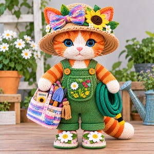 Modèle de tricot pour chat, poupée chat de jardin, modèle PDF de tricot pour chat tigré orange, modèle de jouet en peluche pour chat