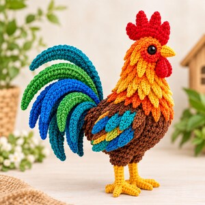 Peut inclure: Une figurine de coq au crochet avec une crête et des barbillons rouge vif, un bec jaune et un cou recouvert de plumes superposées orange et jaunes. Le corps est marron avec des ailes aux accents bleus et verts, et la queue se compose de longues plumes bleues et vertes incurvées. Le coq repose sur deux pattes jaunes.