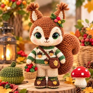 Könnte beinhalten: Eine gehäkelte Eichhörnchen-Puppe mit großen grünen Augen, die einen grün-weiß gestreiften Pullover mit Eichelmotiven, braune Schuhe mit Eichel-Details und eine passende braune Umhängetasche trägt und einen kleinen Korb mit roten Beeren hält.