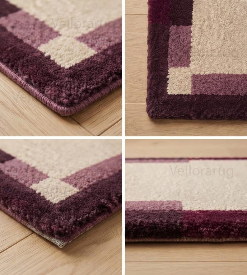 May include: A rectangular rug featuring a geometric border pattern in shades of deep plum, light purple, and cream. The rug has a thick, tufted pile texture with a finished edge and the text Vellorarug visible on the surface of the fabric.
