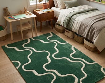 May include: A rectangular area rug featuring a deep forest green background with a continuous, flowing cream-colored line pattern that creates organic, interconnected shapes across the entire surface of the floor covering.