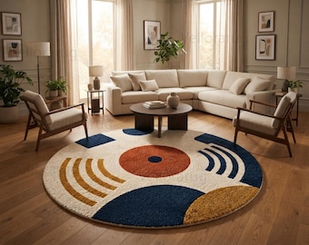 May include: A round area rug featuring a cream-colored base with a geometric pattern. The design includes a large central burnt orange circle, dark blue circular segments, and curved lines in mustard yellow and dark blue across the surface.