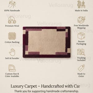 May include: A rectangular area rug featuring a central beige field surrounded by a thick border of deep burgundy and purple geometric blocks. The rug has a textured pile surface and is presented with various icons and text detailing product features.