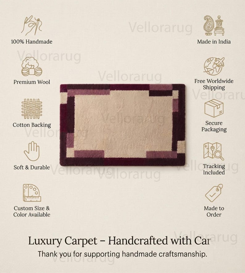 May include: A rectangular area rug featuring a central beige field surrounded by a thick border of deep burgundy and purple geometric blocks. The rug has a textured pile surface and is presented with various icons and text detailing product features.