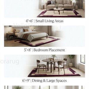May include: A rectangular area rug featuring a beige center and a dark purple border. The image displays five room settings with text labels: 3'x5' Accent & Entryway, 4'x6' Small Living Areas, 5'x8' Bedroom Placement, 6'x9' Dining & Large Spaces, 8'x10' Generous Living Spaces.