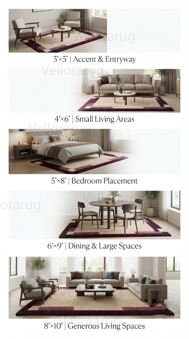 May include: A rectangular area rug featuring a beige center and a dark purple border. The image displays five room settings with text labels: 3'x5' Accent & Entryway, 4'x6' Small Living Areas, 5'x8' Bedroom Placement, 6'x9' Dining & Large Spaces, 8'x10' Generous Living Spaces.