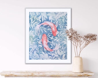 Koi Art Print | Koi Watercolor Art | Colorful Art Print | Botanical Art | Garden Art | Garden Decor