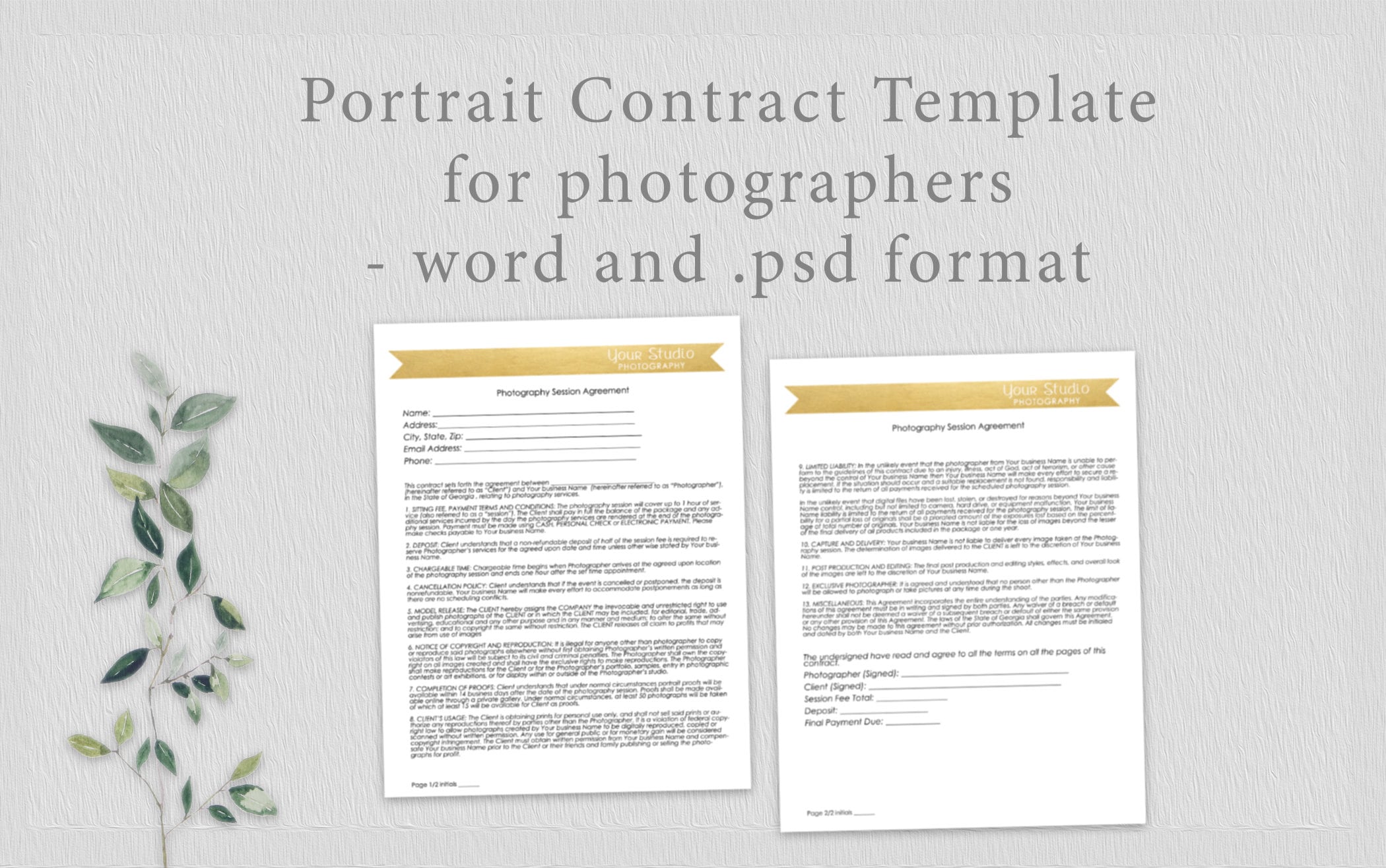 Photography Contract, Model Release, Portrait Session Contract Template