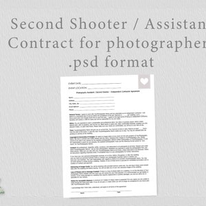 Könnte beinhalten: Eine druckbare Vertragsvorlage für Fotografen, speziell für zweite Kameraleute oder Assistenten. Die Vorlage ist im PSD-Format und enthält Abschnitte für Veranstaltungsdetails, Fotografeninformationen und Geschäftsbedingungen.