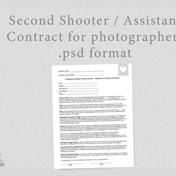 Second Shooter/ Assistant Photographer Contract for photographers