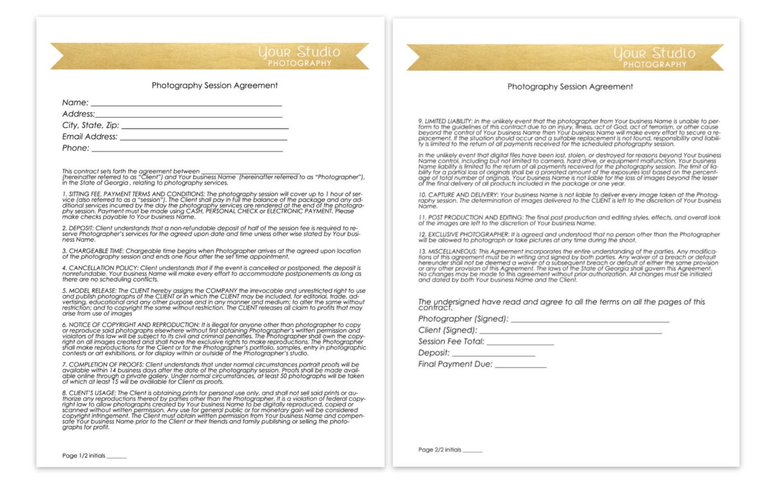 Photography Contract, Model Release, Portrait Session Contract Template