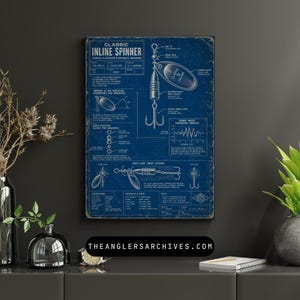 May include: A dark blue technical blueprint poster titled Classic Inline Spinner featuring detailed white line drawings of fishing lure components, mechanical diagrams, and technical specifications with the text THEANGLERSARCHIVES.COM.