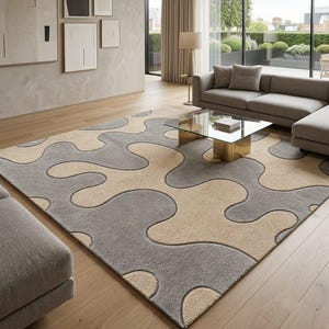 Alfombra moderna abstracta ondulada, alfombra con mechones de patrón fluido entrelazado, alfombra contemporánea para sala de estar en tonos beige y gris neutros.