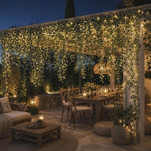 Peut inclure: Une guirlande de lierre artificiel vert entrelacée de petites lumières LED blanc chaud, suspendue à une structure de pergola en bois. Le feuillage présente des formes et des textures de feuilles réalistes, créant un décor lumineux en cascade.