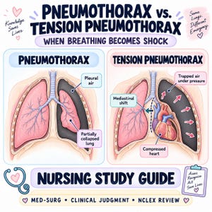 Puede incluir: Una infografía educativa médica titulada Pneumothorax vs. Tension Pneumothorax. Presenta ilustraciones anatómicas de los pulmones, mostrando aire pleural, un pulmón parcialmente colapsado, desplazamiento mediastínico y un corazón comprimido.