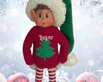 Red Christmas Tree Sweater, Personalized Elf Clothing, Fits 12 inch Popular Christmas Elf Doll