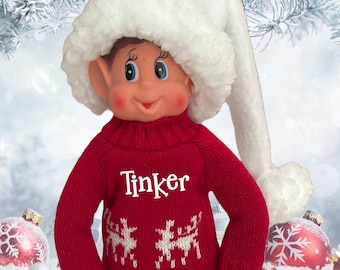 Red Reindeer Christmas Sweater, Personalized Elf Clothing, Fits 12 inch Popular Christmas Elf Doll