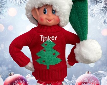 Personalized Sweater, Elf Clothing, Fits 12 inch Elf Doll, Red Christmas Tree Sweater