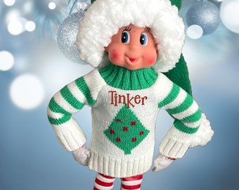 White Christmas Tree Sweater, Personalized Elf Clothing, Fits 12 inch Popular Christmas Elf Doll