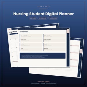 Könnte beinhalten: Ein digitaler Planer für Pflegestudierende für 2026 und 2027 mit 22 verlinkten Seiten für Goodnotes. Die Benutzeroberfläche enthält Bereiche für Jahresübersicht, klinische Schichten, Lernprotokolle, Notizen, Wochenplanung, Prüfungen und Noten.