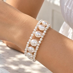 Handmade mabe Oval Pearl Bracelet with 4mm Pearl Borders and a 14k plated clasp
