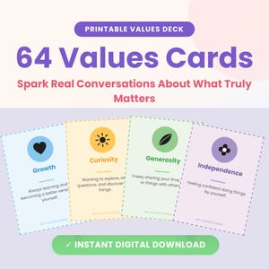 Values Cards Printable, Core Values Deck for Kids Teens Adults, 64 Printable Cards, SEL Classroom Activity, Digital Download