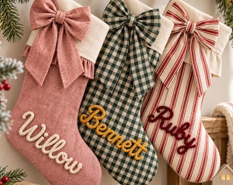 2026 Personalized Christmas Stocking, Handmade Name Yarn Lettering Stocking, Plaid Bow Holiday Decor, Family Xmas Gift
