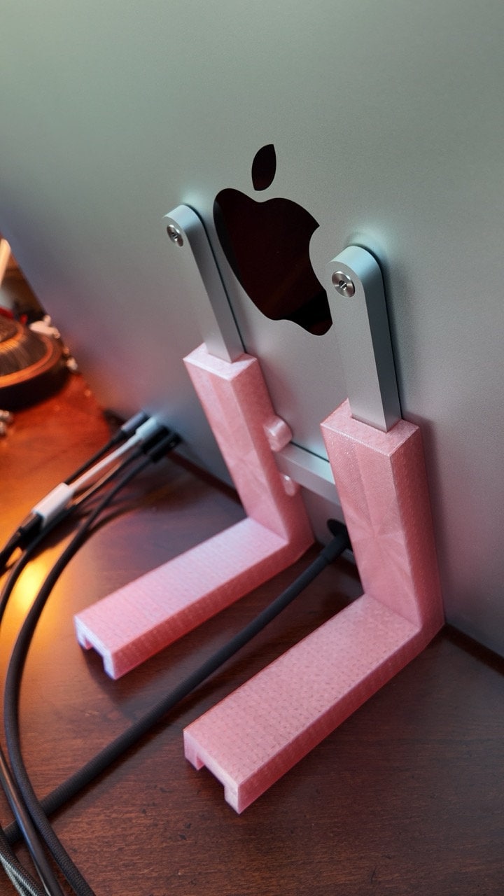 Usermac Apple Studio Display VESA stand, bespoke, desk level screen placement mount pink transparent