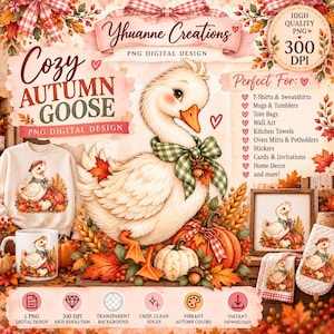 Puede incluir: Un archivo de diseño digital que muestra un ganso blanco con una bufanda de cuadros verdes, rodeado de calabazas naranjas, tallos de trigo y hojas de otoño. La imagen incluye texto como Yhuanne Creations, Cozy Autumn Goose y aplicaciones.