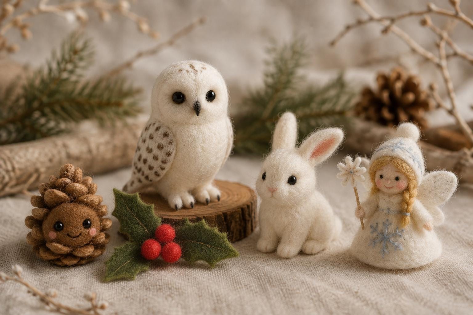Needle Felted Winter Wonderland Set, Miniature Wool Snow Owl and Bunny, Christmas Angel, Pinecone He