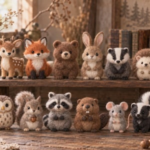 May include: A collection of twelve needle-felted animal figurines including a deer, fox, bear, rabbit, badger, hedgehog, owl, squirrel, raccoon, beaver, mouse, and skunk, all arranged on a wooden surface.