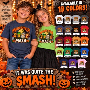Peut inclure: Un t-shirt bleu marine chiné et un t-shirt vert lime avec un graphique Monster Mash représentant des monstres, des citrouilles et des pierres tombales. L'image présente 19 couleurs de t-shirts disponibles avec le texte Available in 19 Colors.
