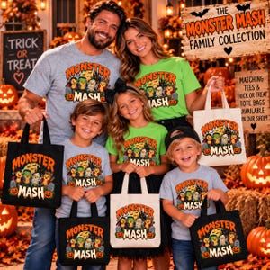 Peut inclure: Une collection de t-shirts gris et vert lime et de sacs fourre-tout noirs et blancs avec une impression graphique de monstres de dessin animé et le texte Monster Mash. Les articles présentent un groupe de personnages illustrés dont une momie.