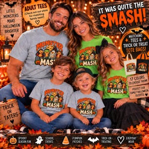 Peut inclure: Un groupe de quatre personnes portant des t-shirts assortis gris chiné et vert vif avec un graphique de monstres de dessin animé et le texte Monster Mash. Les t-shirts sont présentés dans un décor festif avec des feuilles d'automne et des décorations.