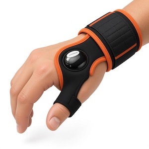 May include: A black and orange wrist and thumb support brace featuring a circular black control module with the text "WIFITBOW" printed in white. The brace includes a wide adjustable strap around the wrist and a sleeve for the thumb.