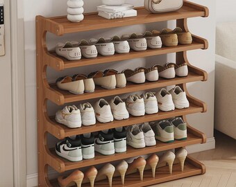 Étagère à chaussures verticale moderne à 6 niveaux en bois pour entrée – Rangement et présentation de chaussures