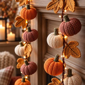 Op de afbeelding: Een decoratieve slinger met gehaakte pompoenen in tinten oranje, crème en gedempt rood, afgewisseld met gehaakte herfstbladeren en kleine warmwitte lichtsnoeren, verticaal gedrapeerd langs de rand van een houten schoorsteenmantel.