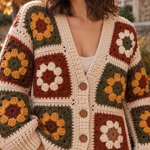 May include: A long-sleeve crochet cardigan featuring a patchwork of square motifs with floral patterns in shades of cream, olive green, mustard yellow, and rust brown. The garment has a V-neckline, a cream-colored ribbed trim, and three brown buttons.