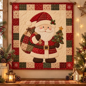 May include: A square quilted wall hanging featuring a central applique of Santa Claus wearing a red hat and suit, carrying a patterned sack and a small green Christmas tree. The border consists of a patchwork of red, green, and cream fabric squares.