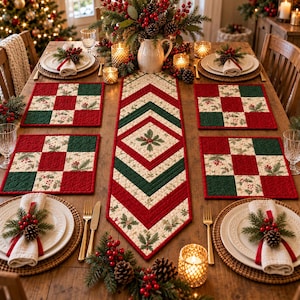 May include: A quilted table runner and four matching placemats featuring a red, green, and cream patchwork pattern with holly leaf and berry motifs. The set is arranged on a wooden table with white plates, napkins, and pinecone accents.