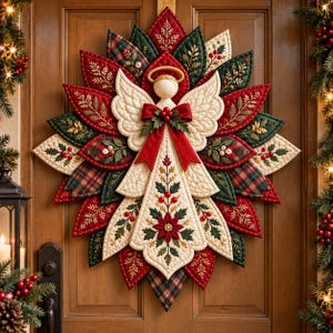 May include: A quilted fabric angel wall hanging featuring a starburst of layered leaves in red, green, and cream. The angel has a gold halo, white wings, and a central gown decorated with embroidered poinsettias, holly leaves, and red berries.