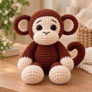Pode incluir: Um bicho de pelúcia de macaco feito em crochê com corpo marrom escuro e rosto, orelhas, mãos e pés na cor creme. O brinquedo possui grandes olhos pretos de plástico, nariz e boca bordados e uma cauda enrolada com textura consistente.
