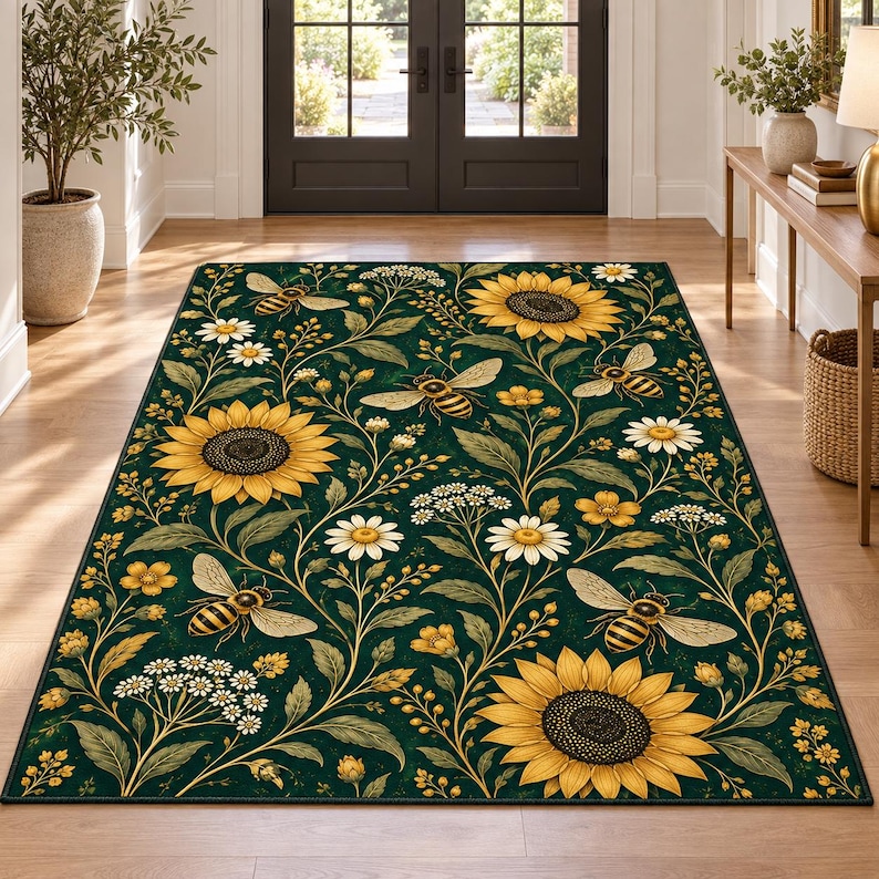 Bee Pattern Rug Green Sunflower Bee Rug, Botanical Floral Area Rug, Honey Bee Daisy ...